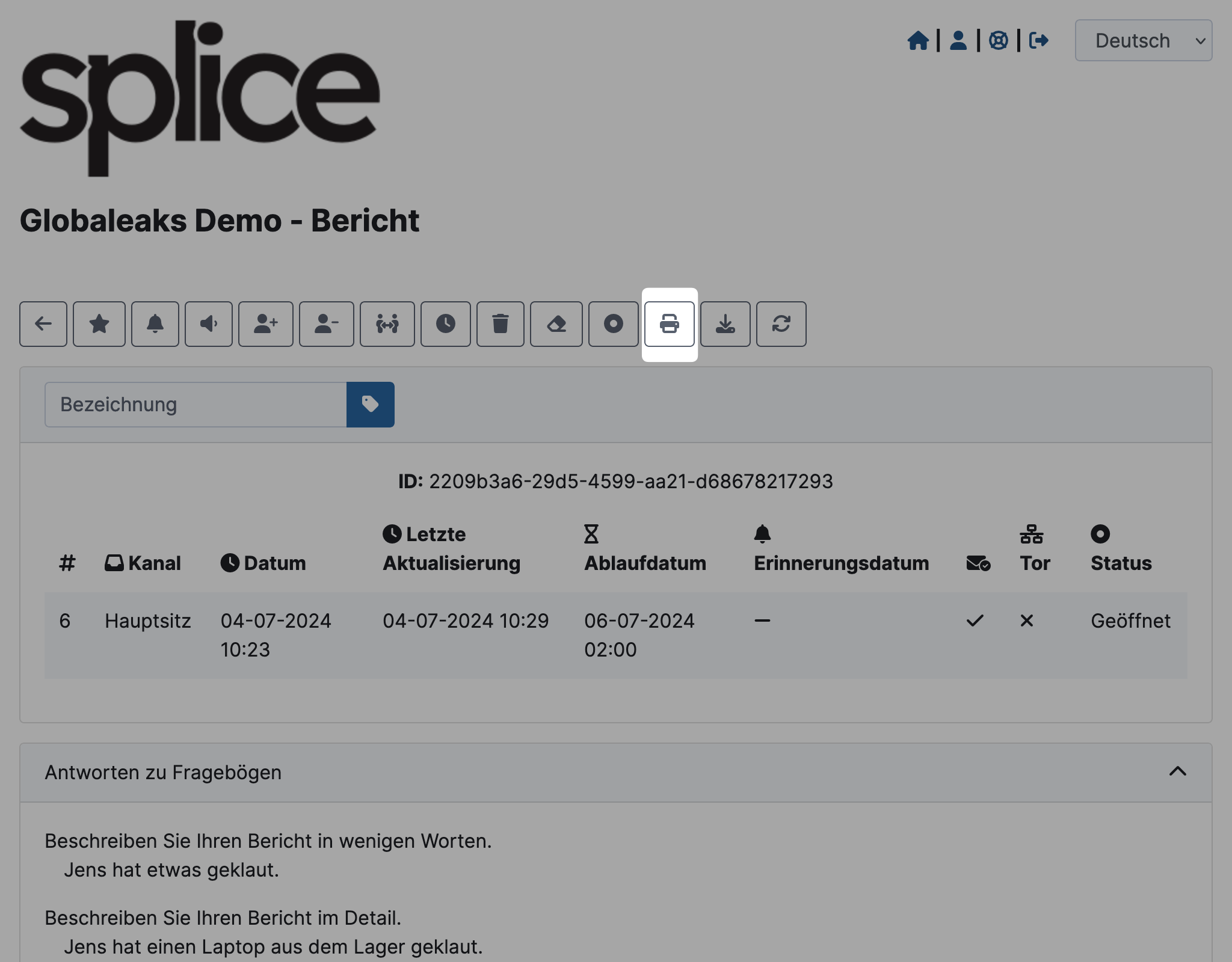 GlobaLeaks report detailed view