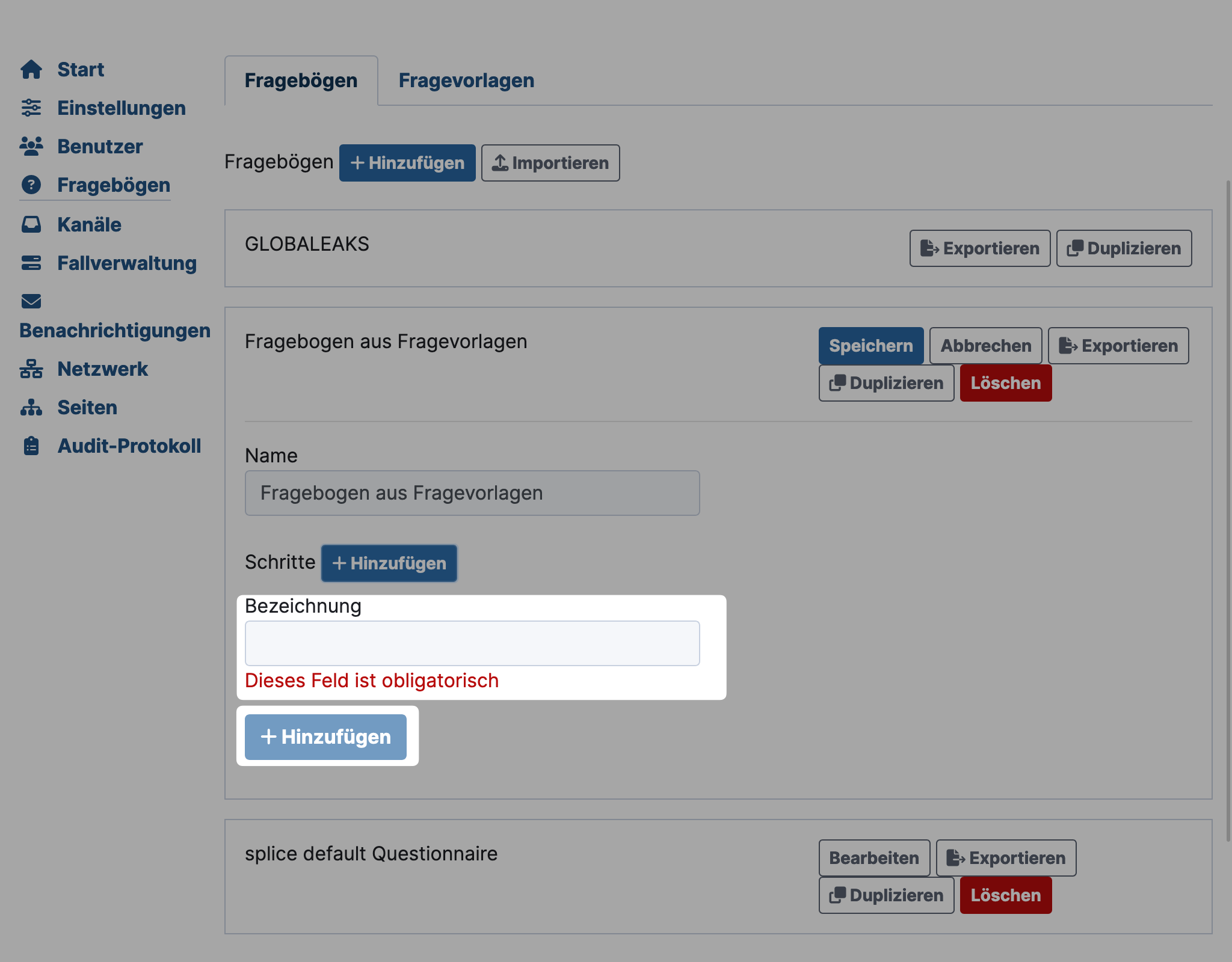 GlobaLeaks name and save step in questionnaire