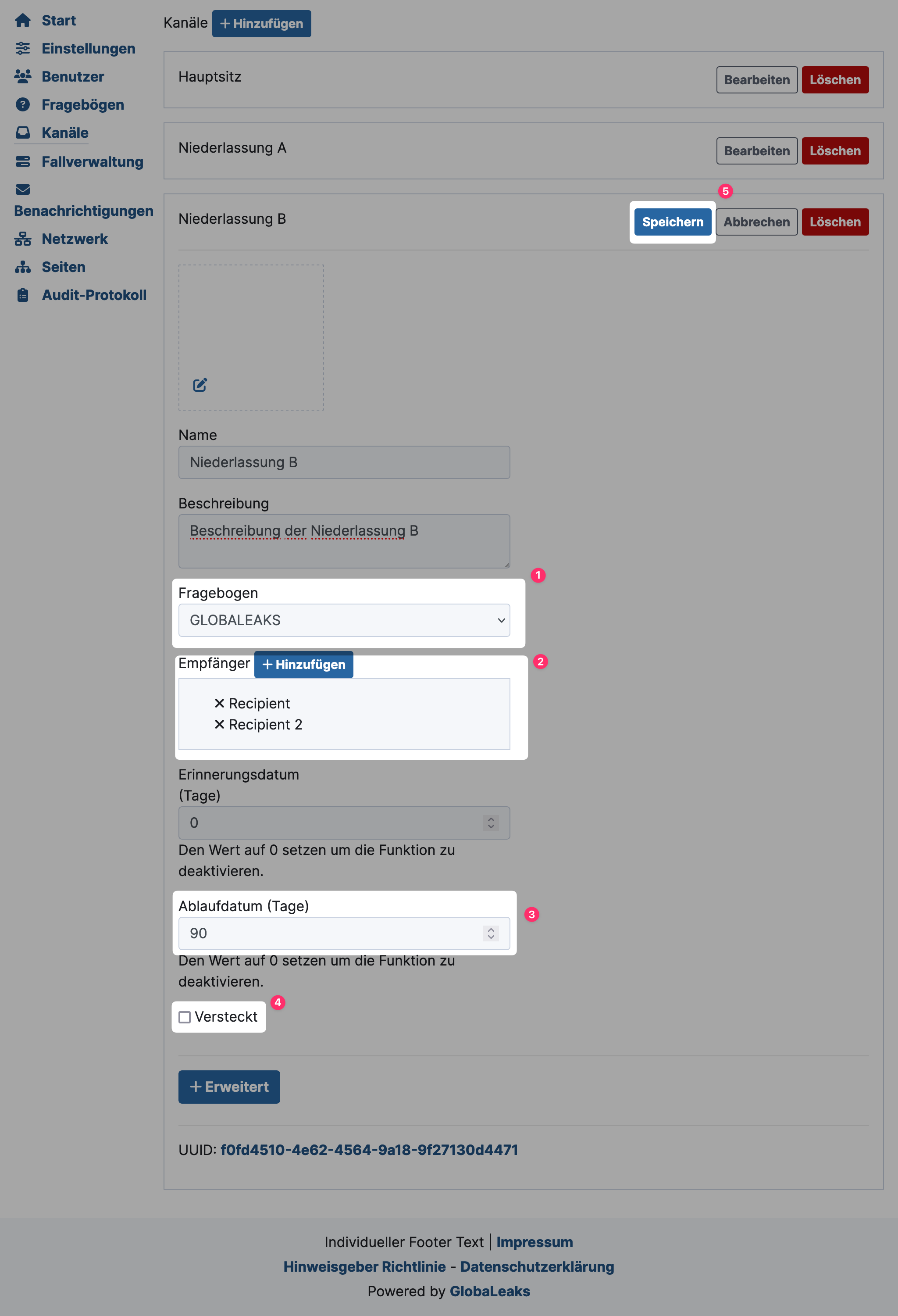 GlobaLeaks configure channel for the first time