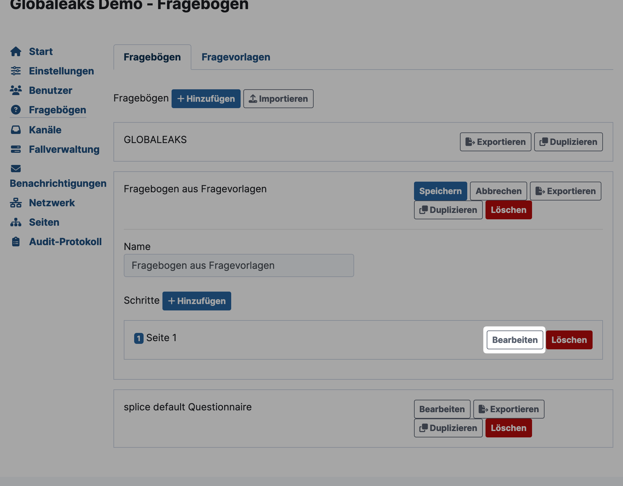 GlobaLeaks edit step in questionnaire