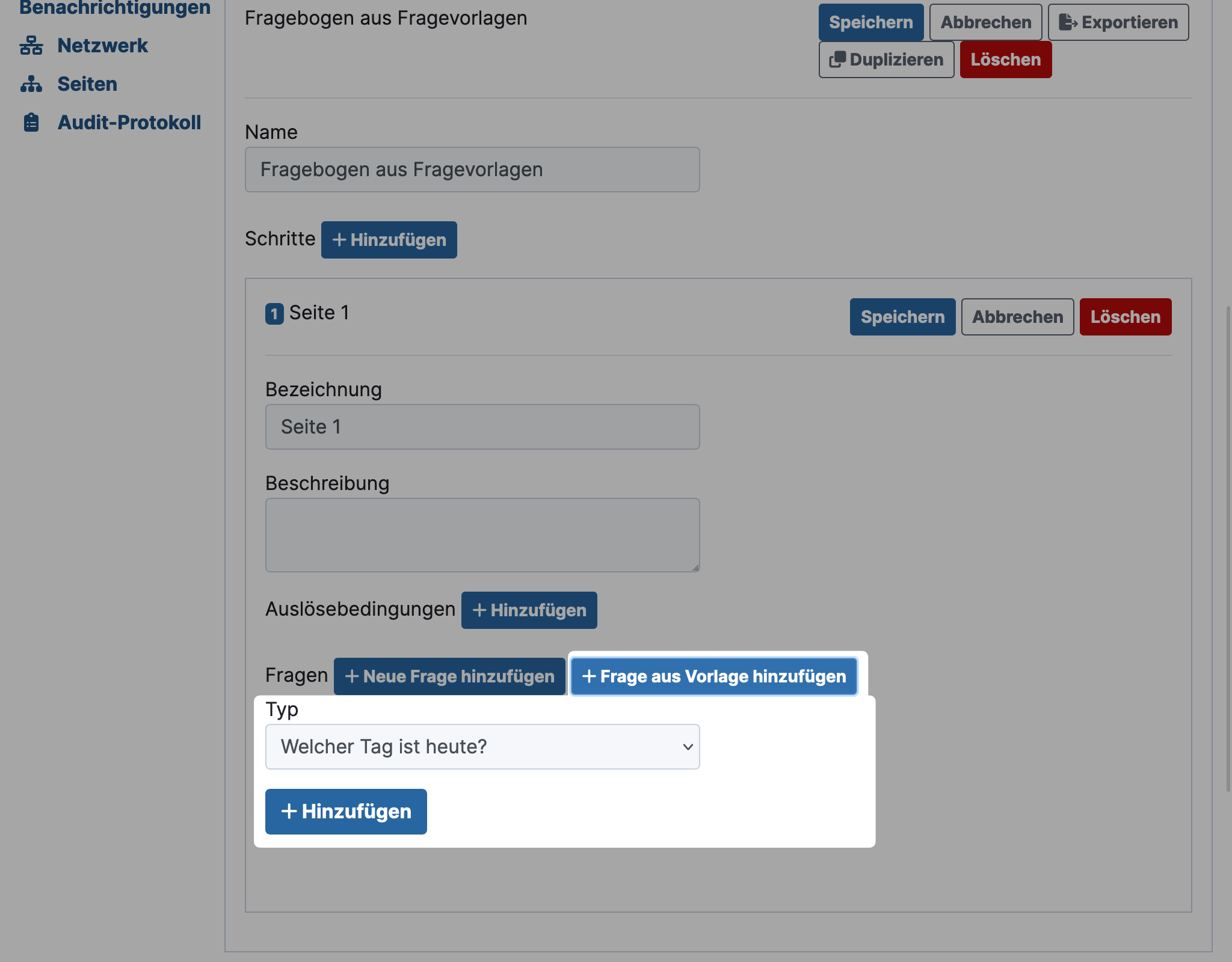 GlobaLeaks add question from template to questionnaire