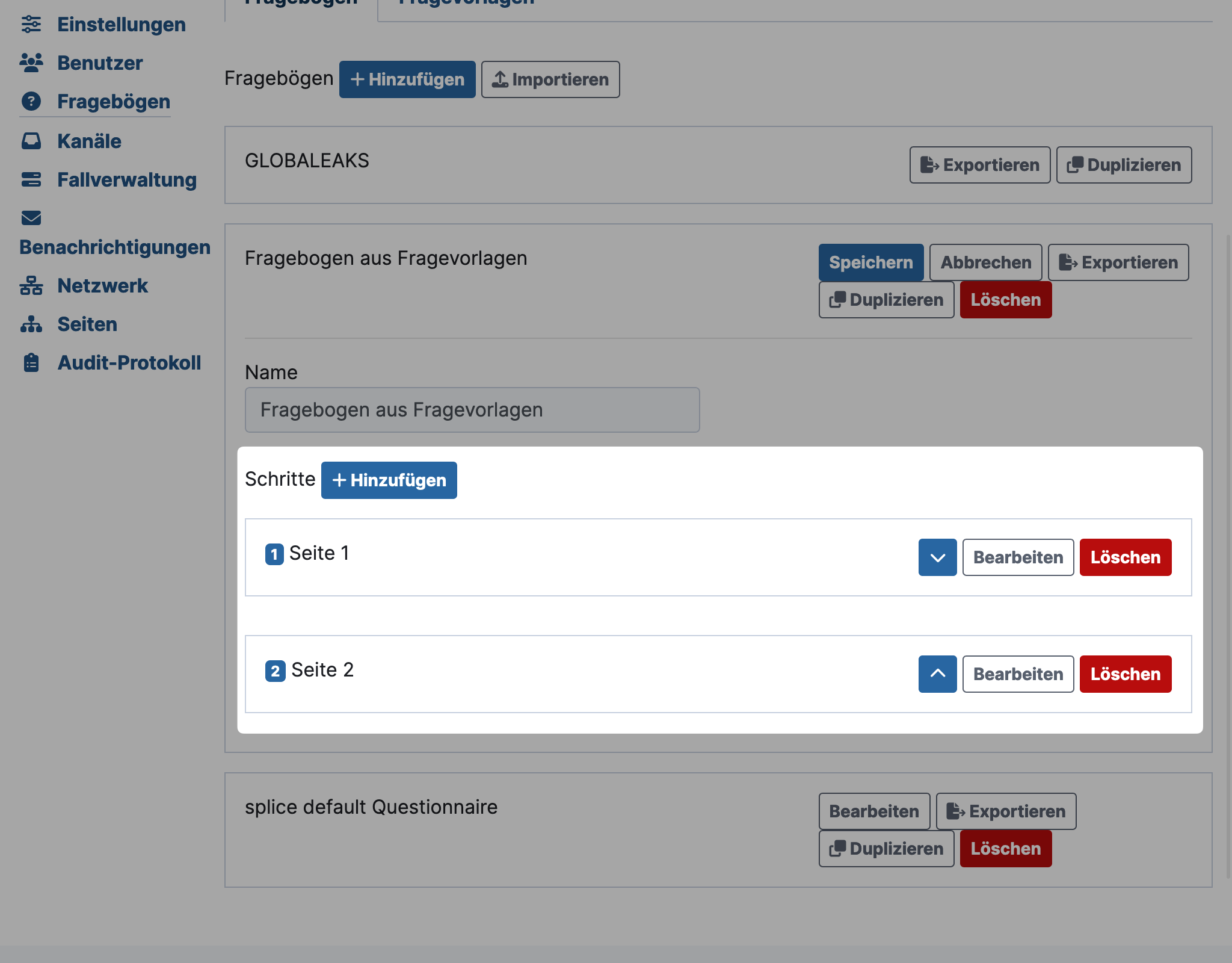 GlobaLeaks questionnaire with multiple steps