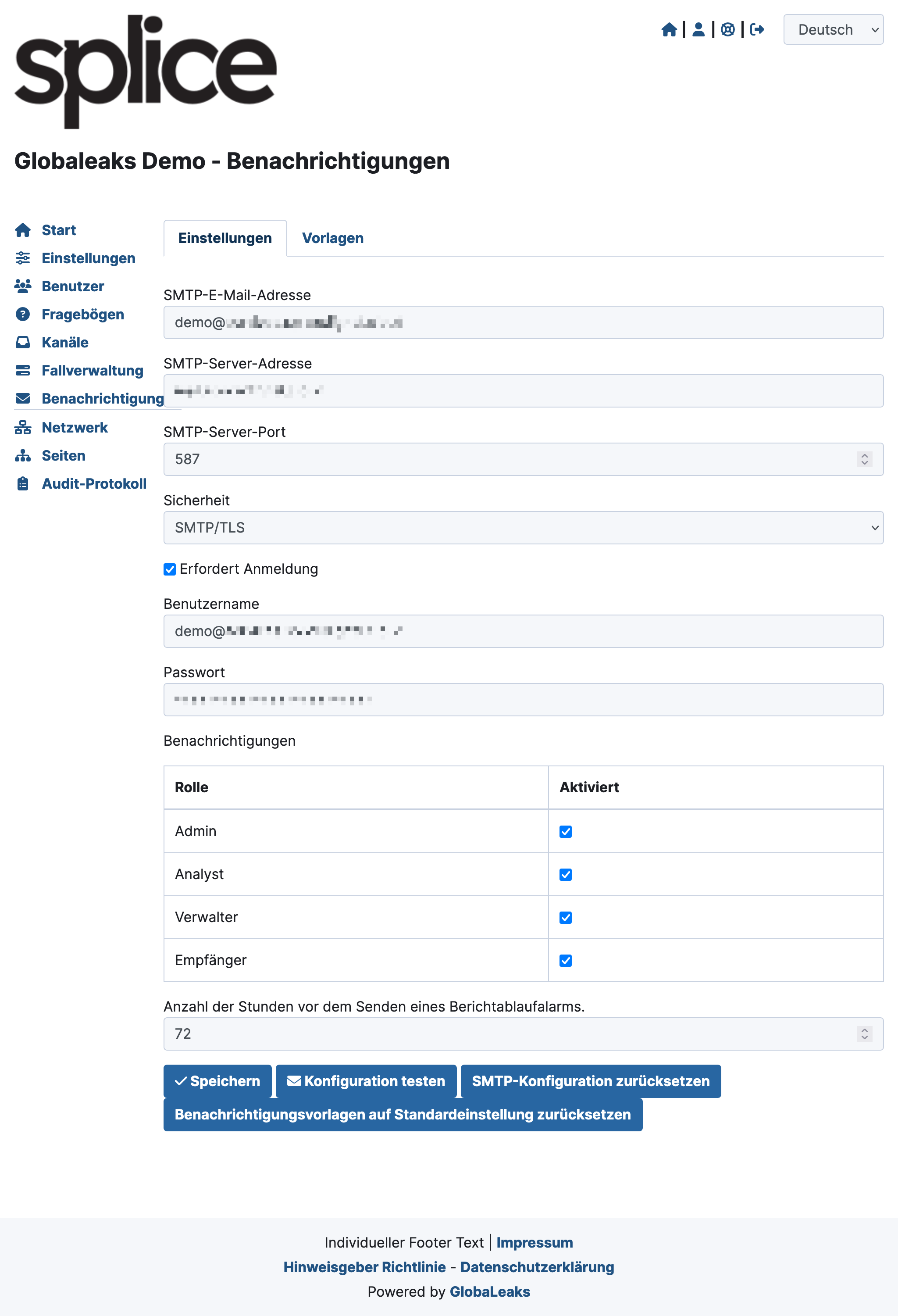 GlobaLeaks configure email server