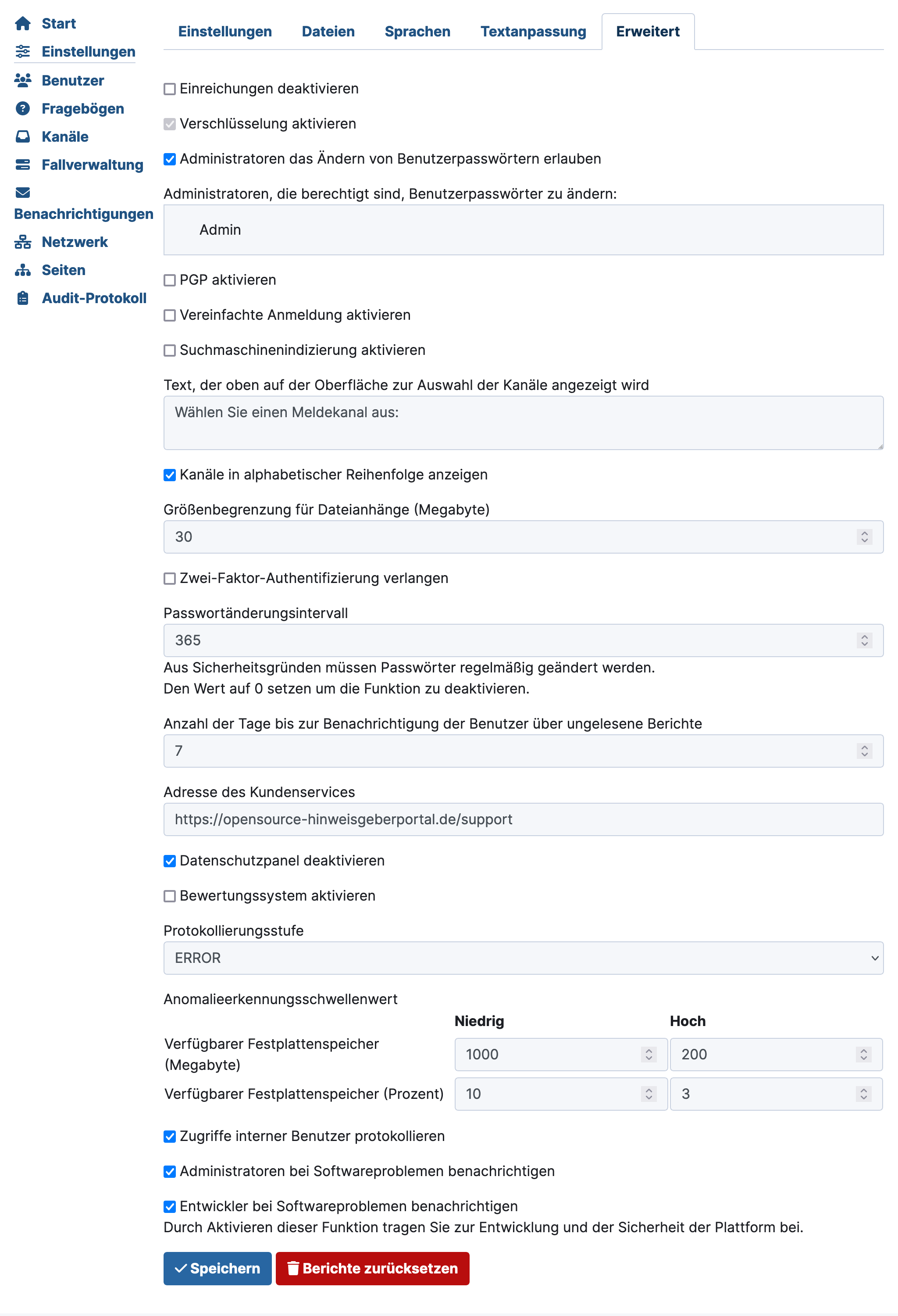 GlobaLeaks advanced settings