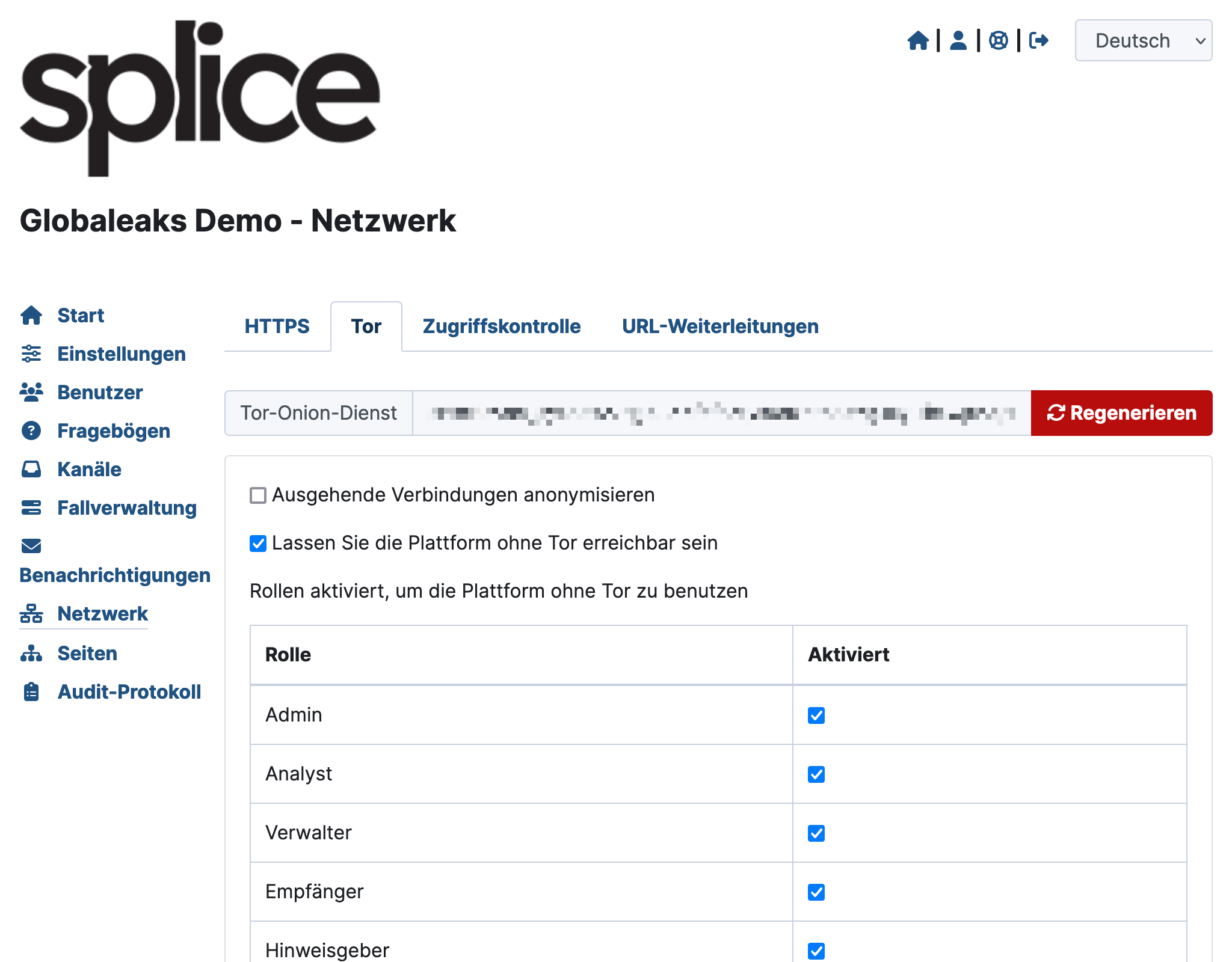 GlobaLeaks Tor settings