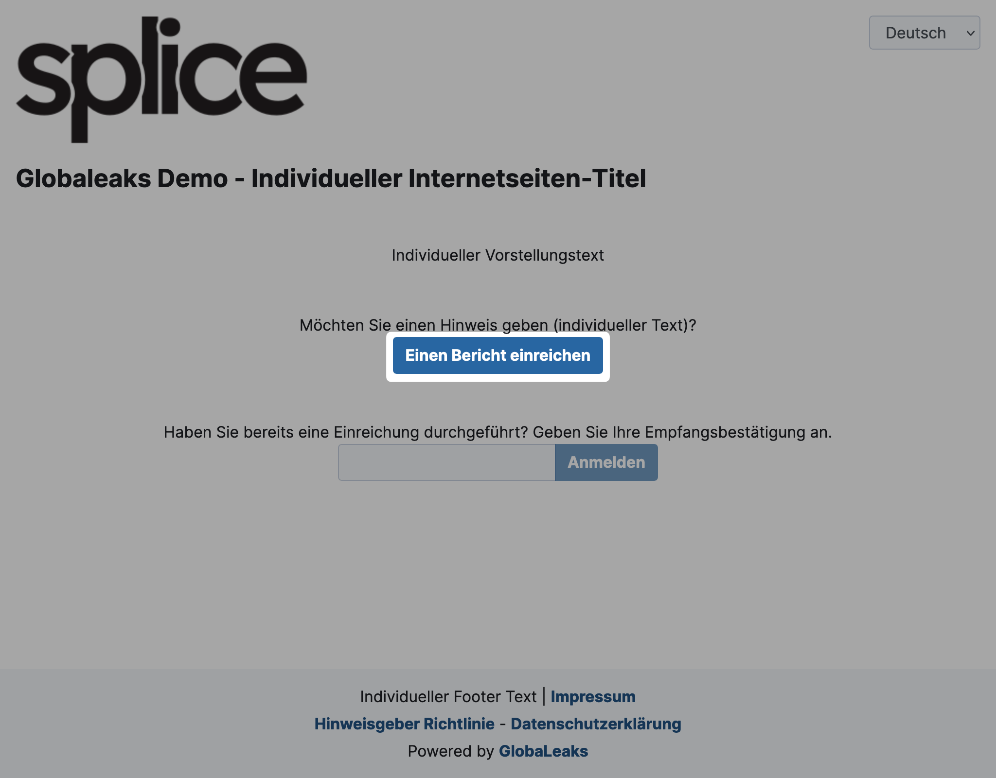 GlobaLeaks Startseite mit Button zum Einreichen eines Hinweises
