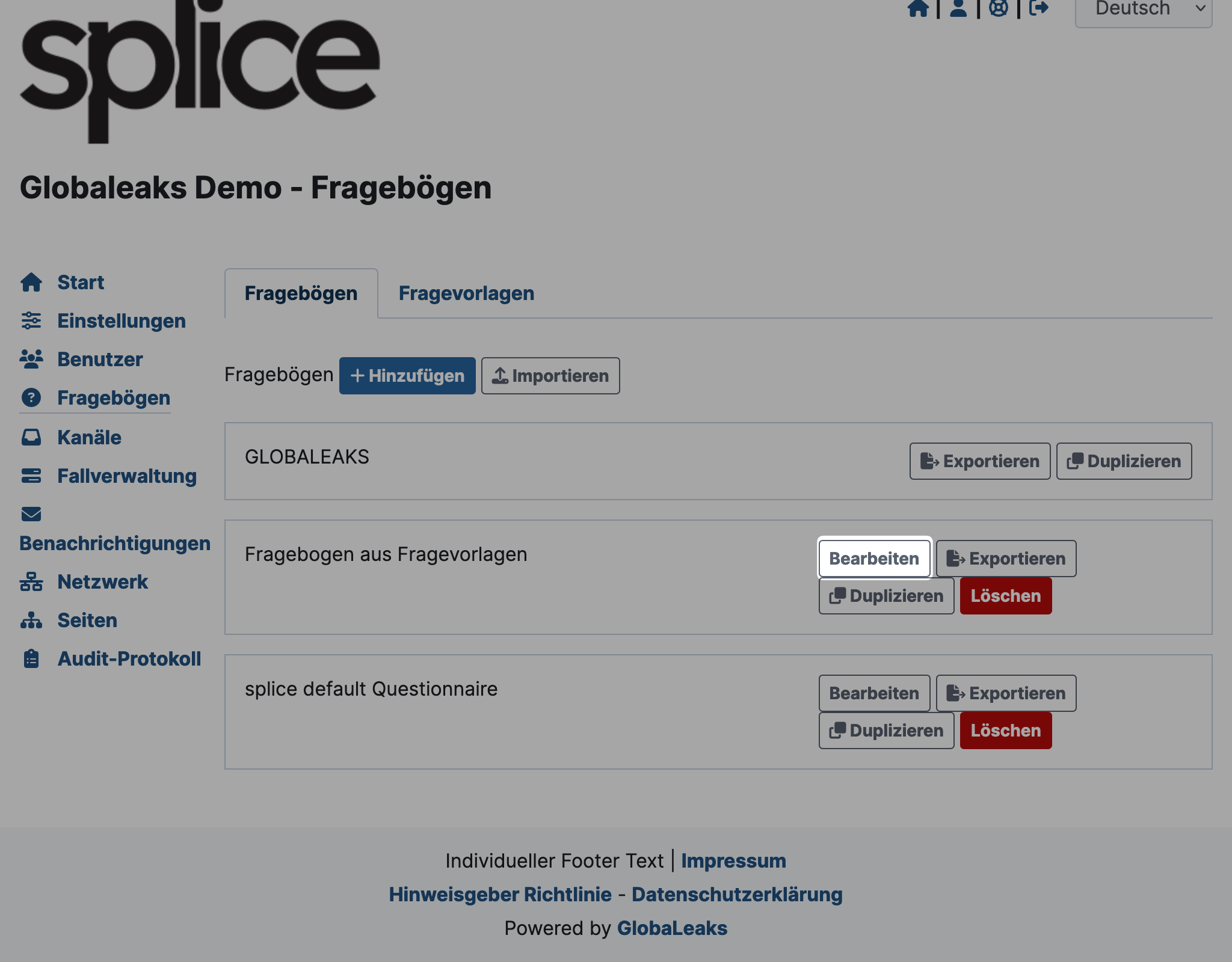 GloabLeaks Fragebogen Liste von Fragebögen