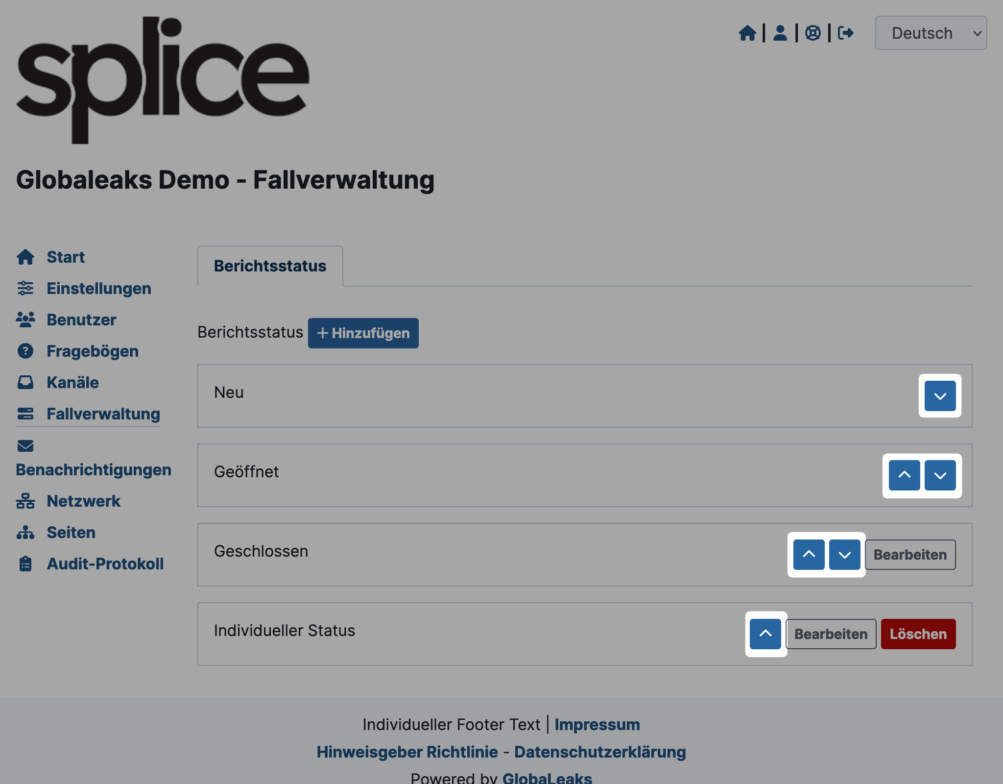 GlobaLeaks Berichtsstatus Sortierfunktion