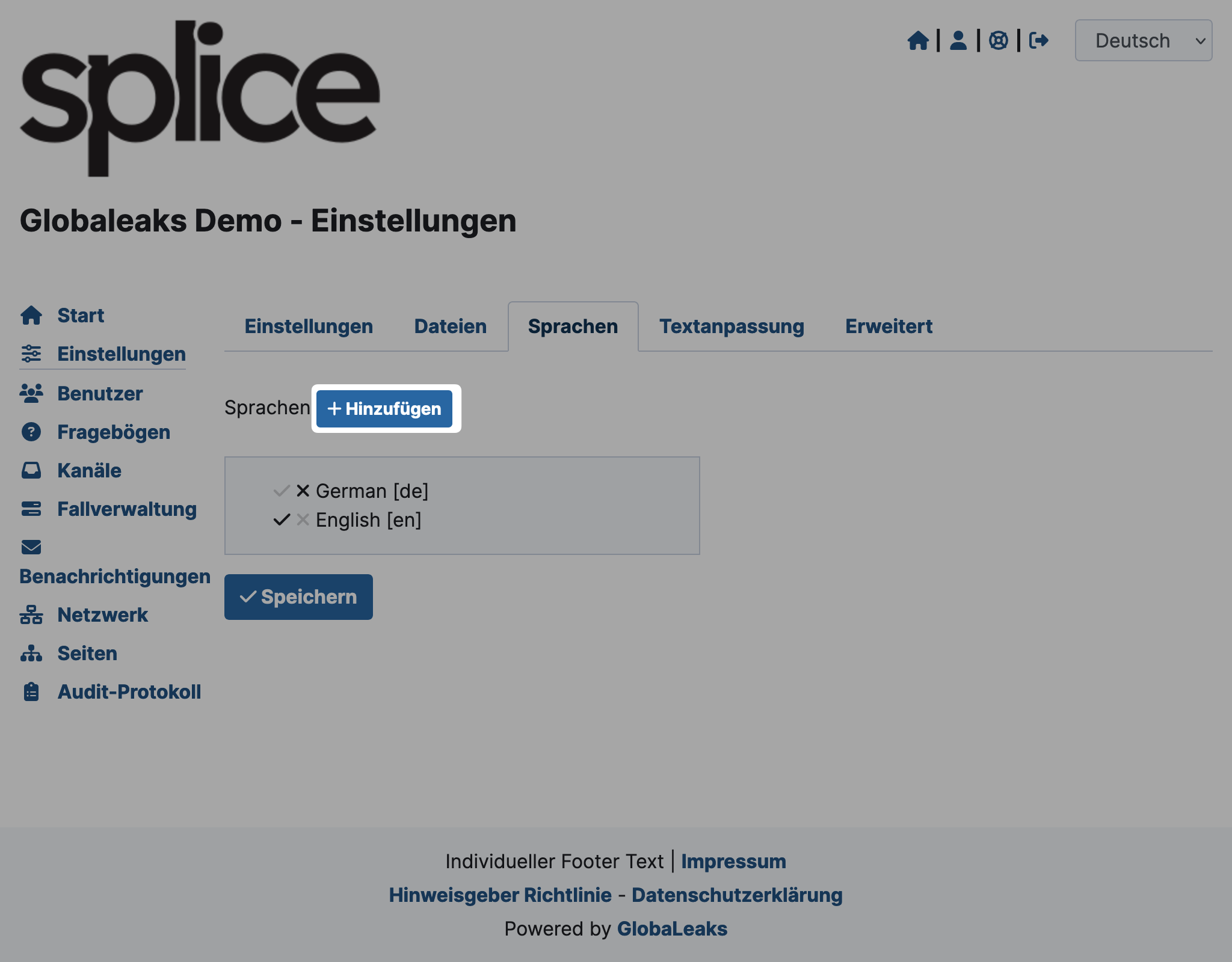 GlobaLeaks Sprache Hinzufügen Button