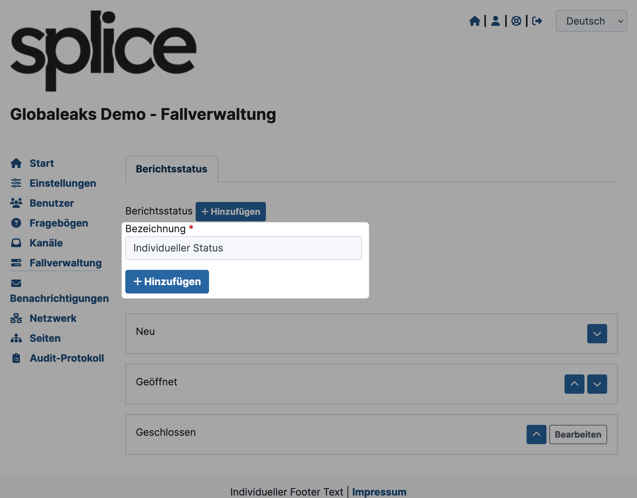 GlobaLeaks Berichtsstatus Formular