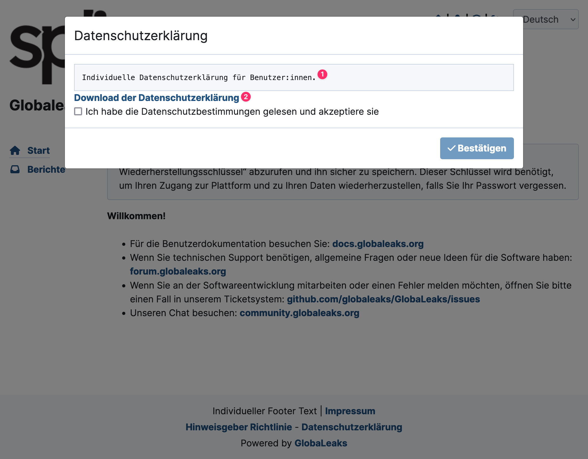 GlobaLeaks Datenschutzerklärung bei Registrierung