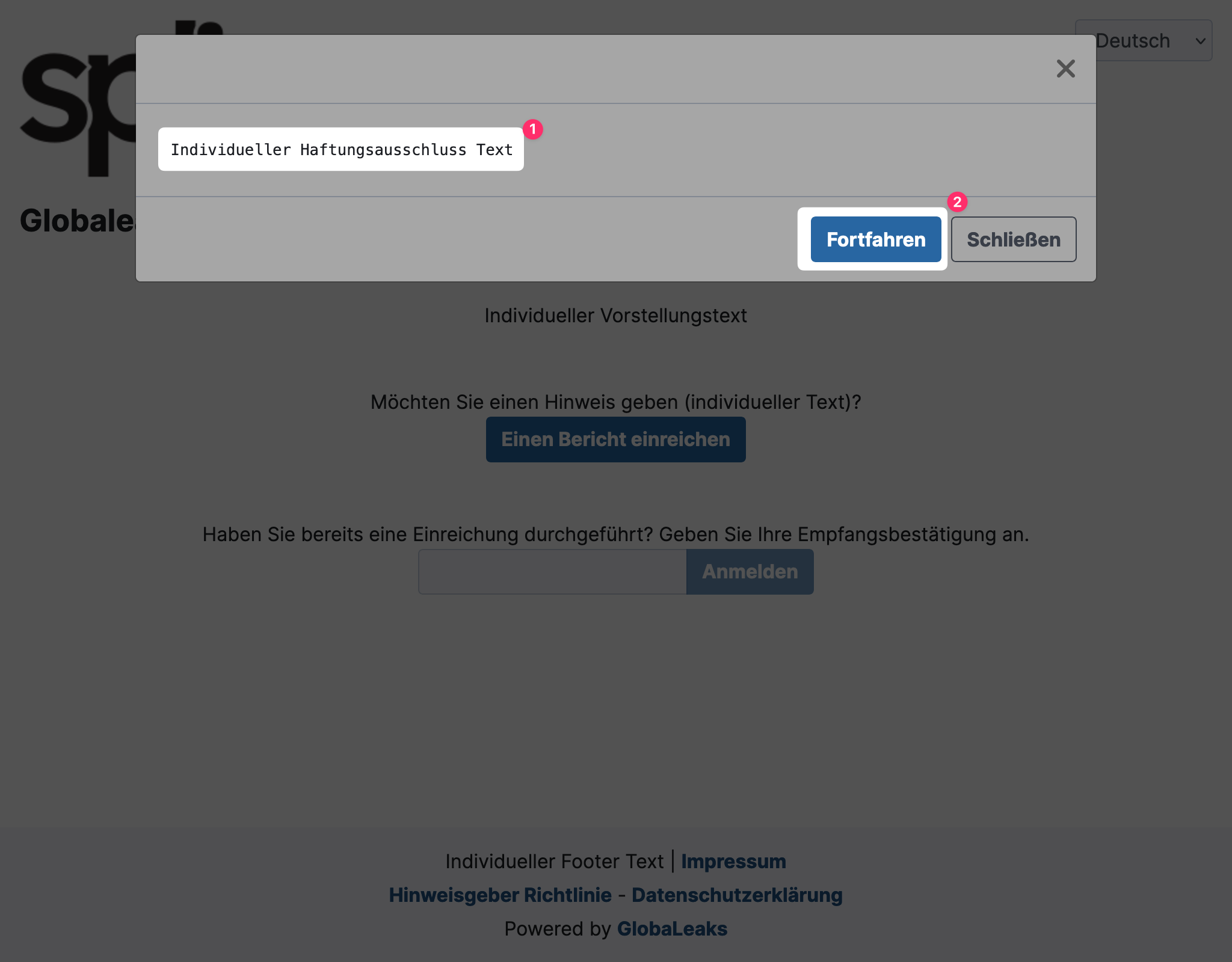 GlobaLeaks Screenshot mit individuellem Hinweis