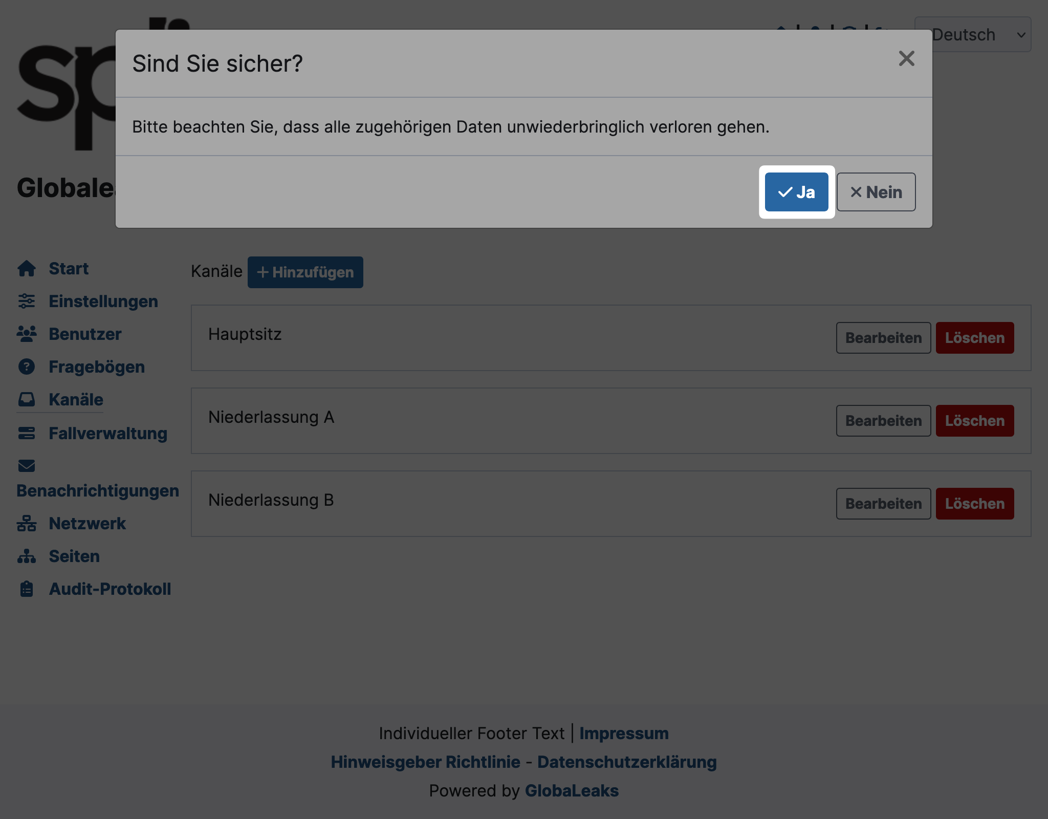 GlobaLeaks Kanal Löschen Modal