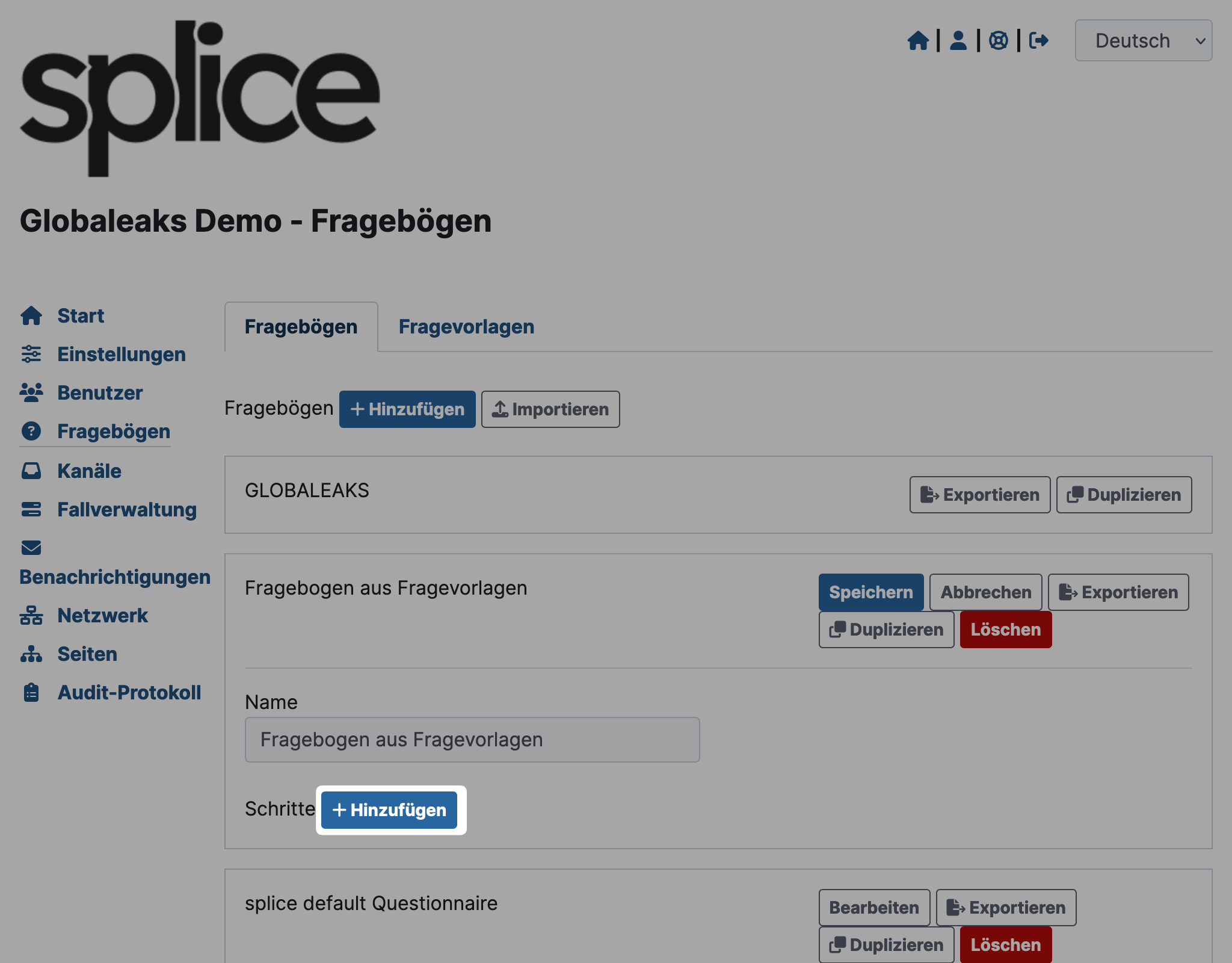 GloabLeaks Fragebogen Schritt in Fragebogen hinzufügen