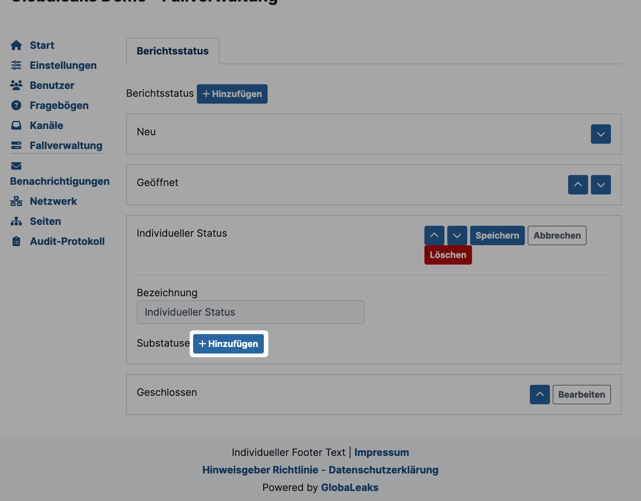 GlobaLeaks Sub-Status hinzufügen