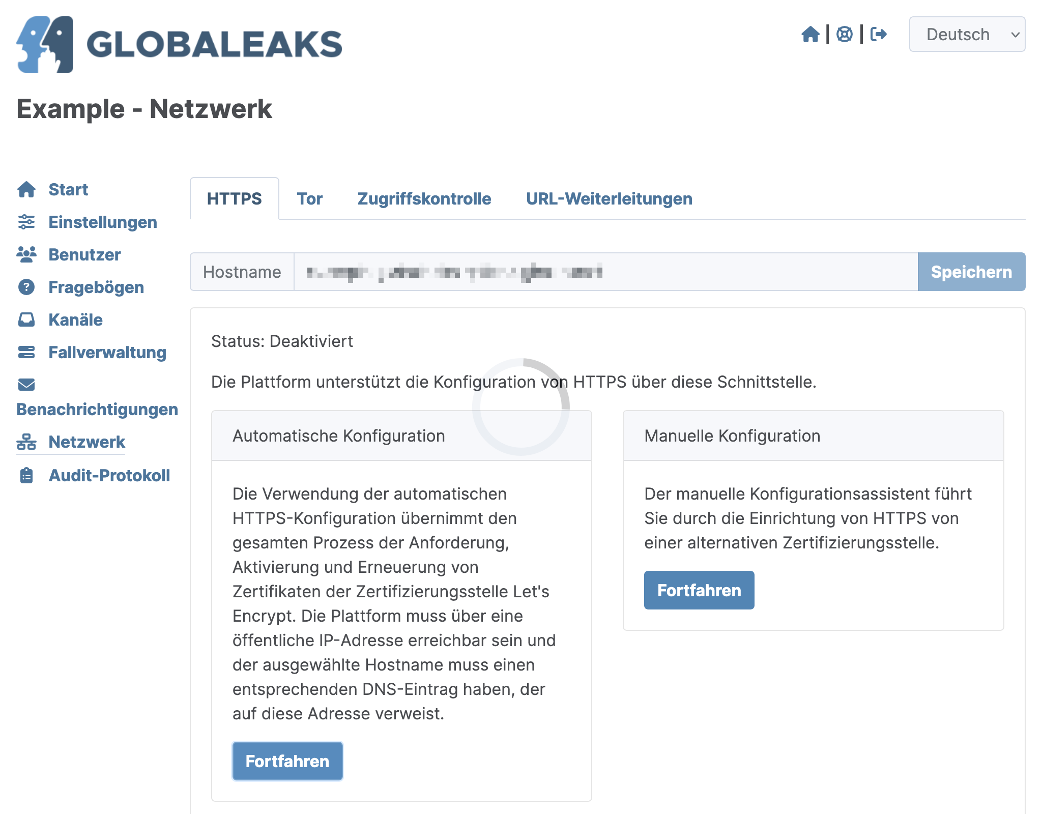 GlobaLeaks Automatische Konfiguration von HTTPS Ladevorgang