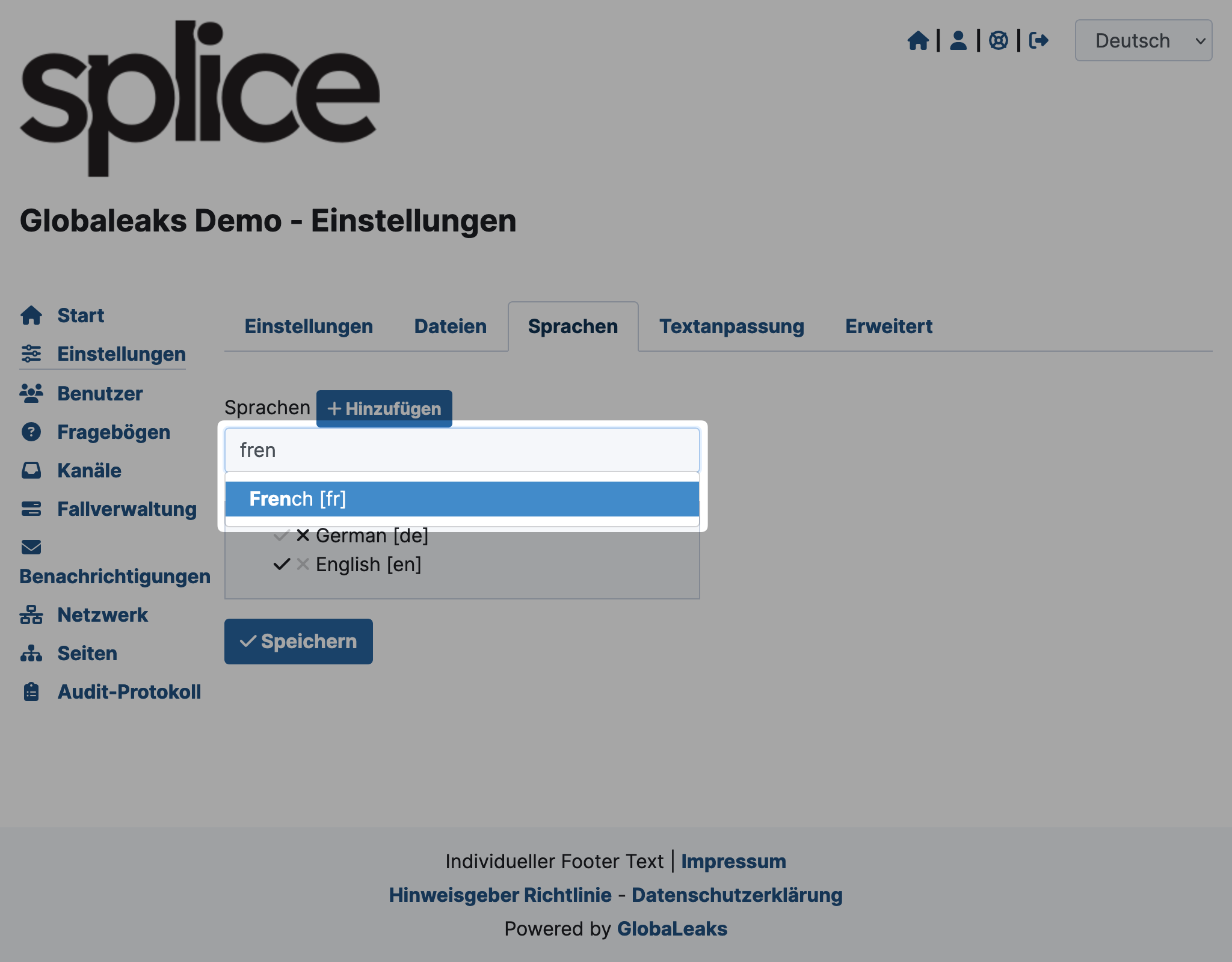 GlobaLeaks Sprache auswählen
