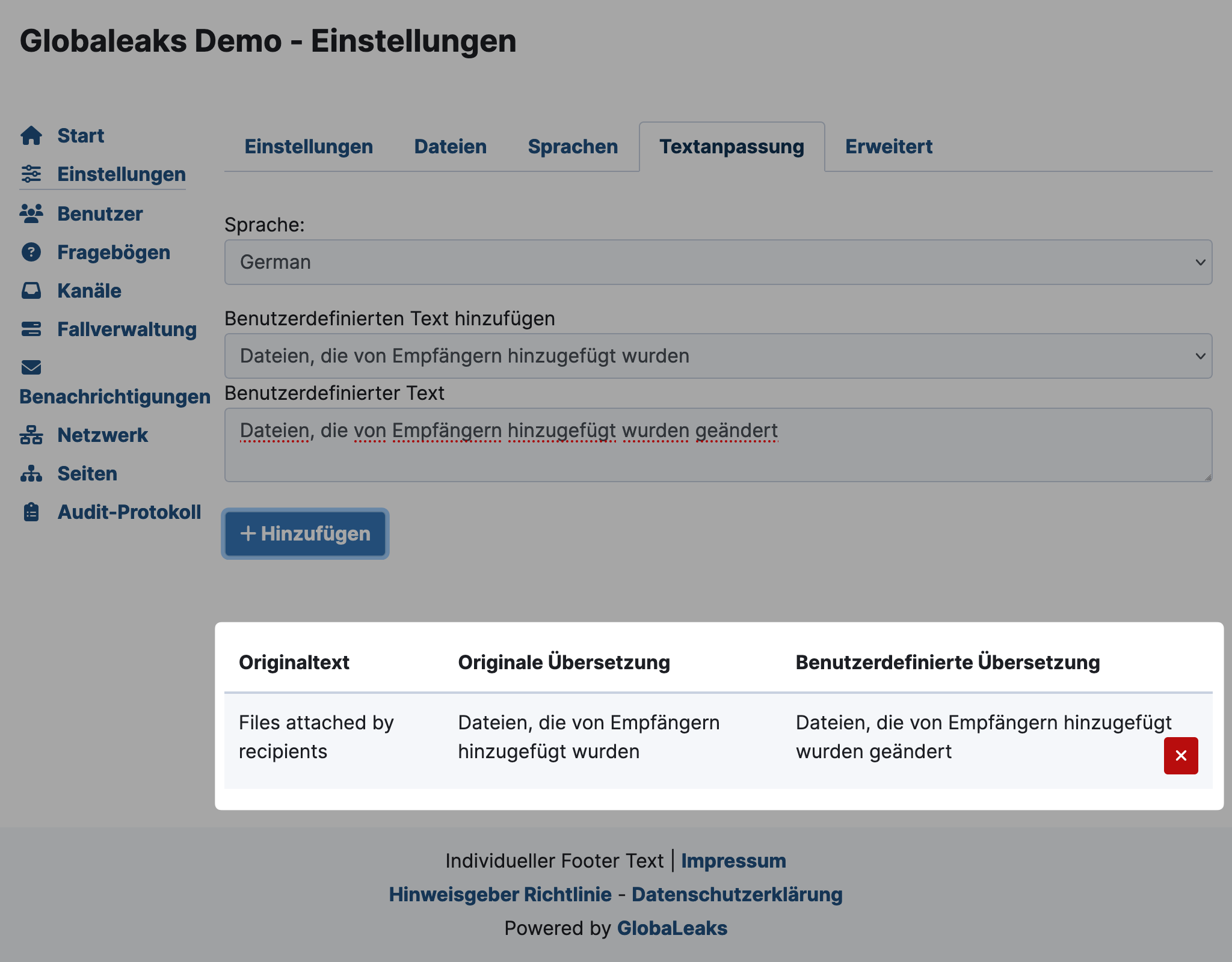 GlobaLeaks Liste der Textanpassungen