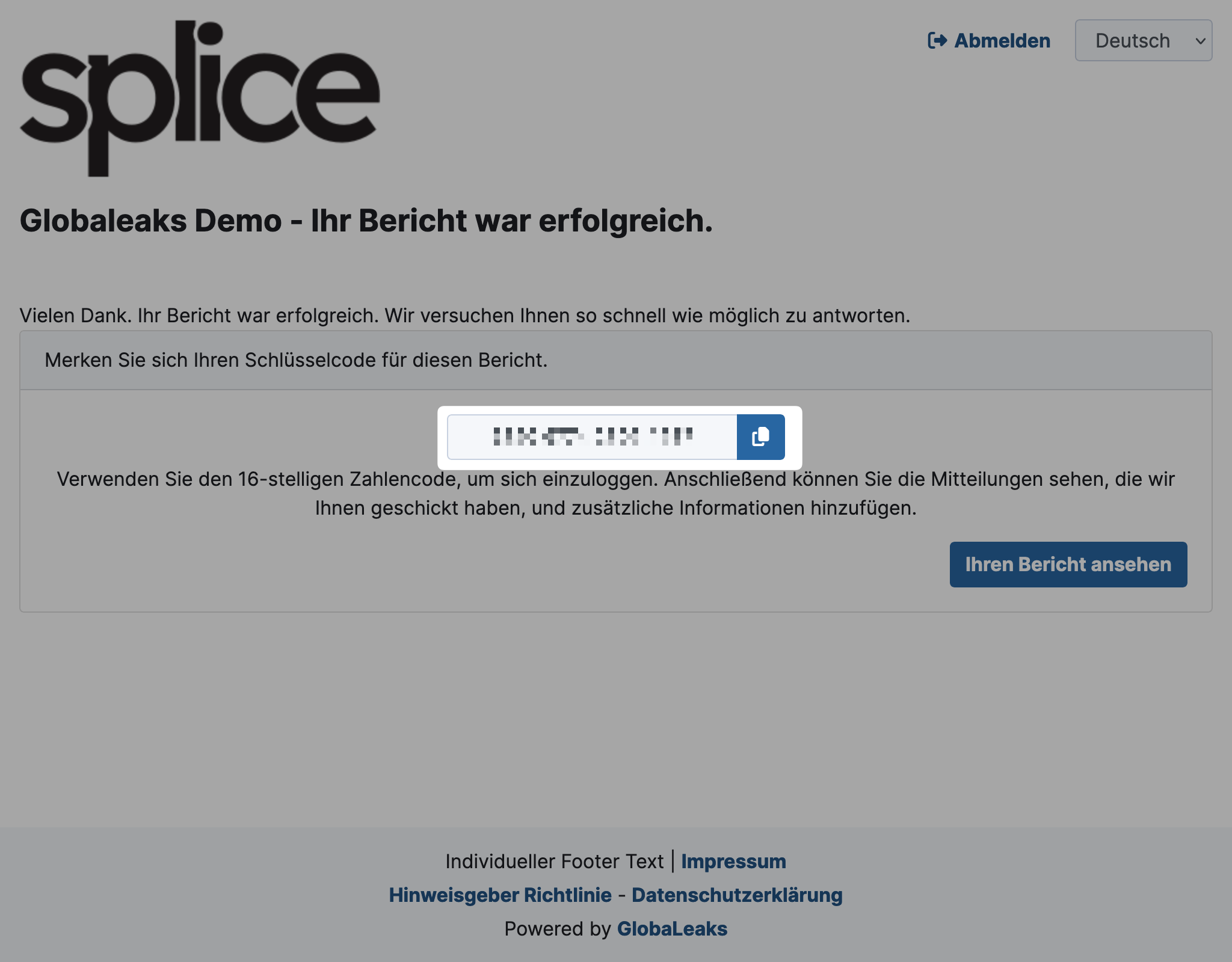 GlobaLeaks Hinweis eingereicht: Bestätigungsseite