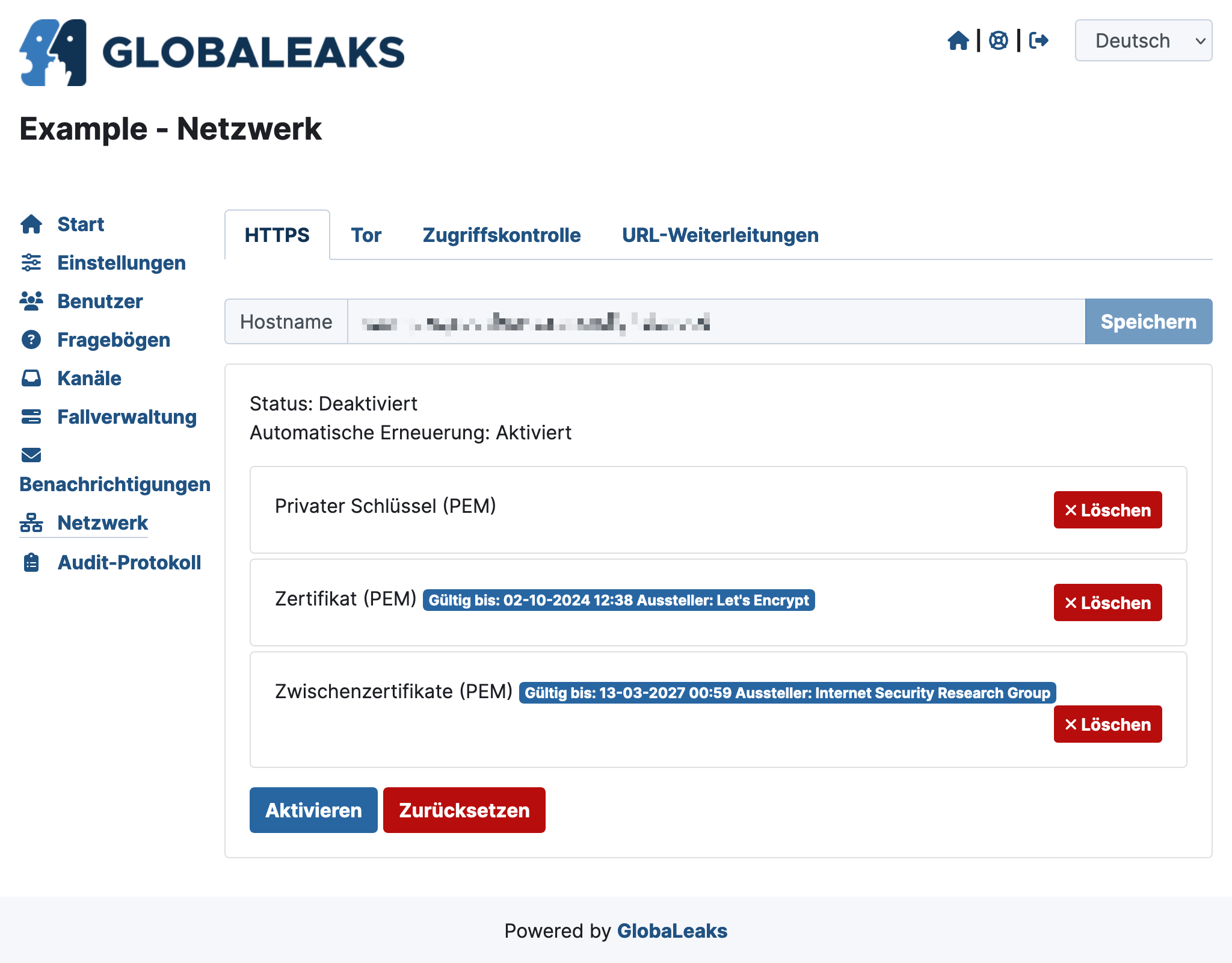 GlobaLeaks HTTPS Zertifikat aktivieren