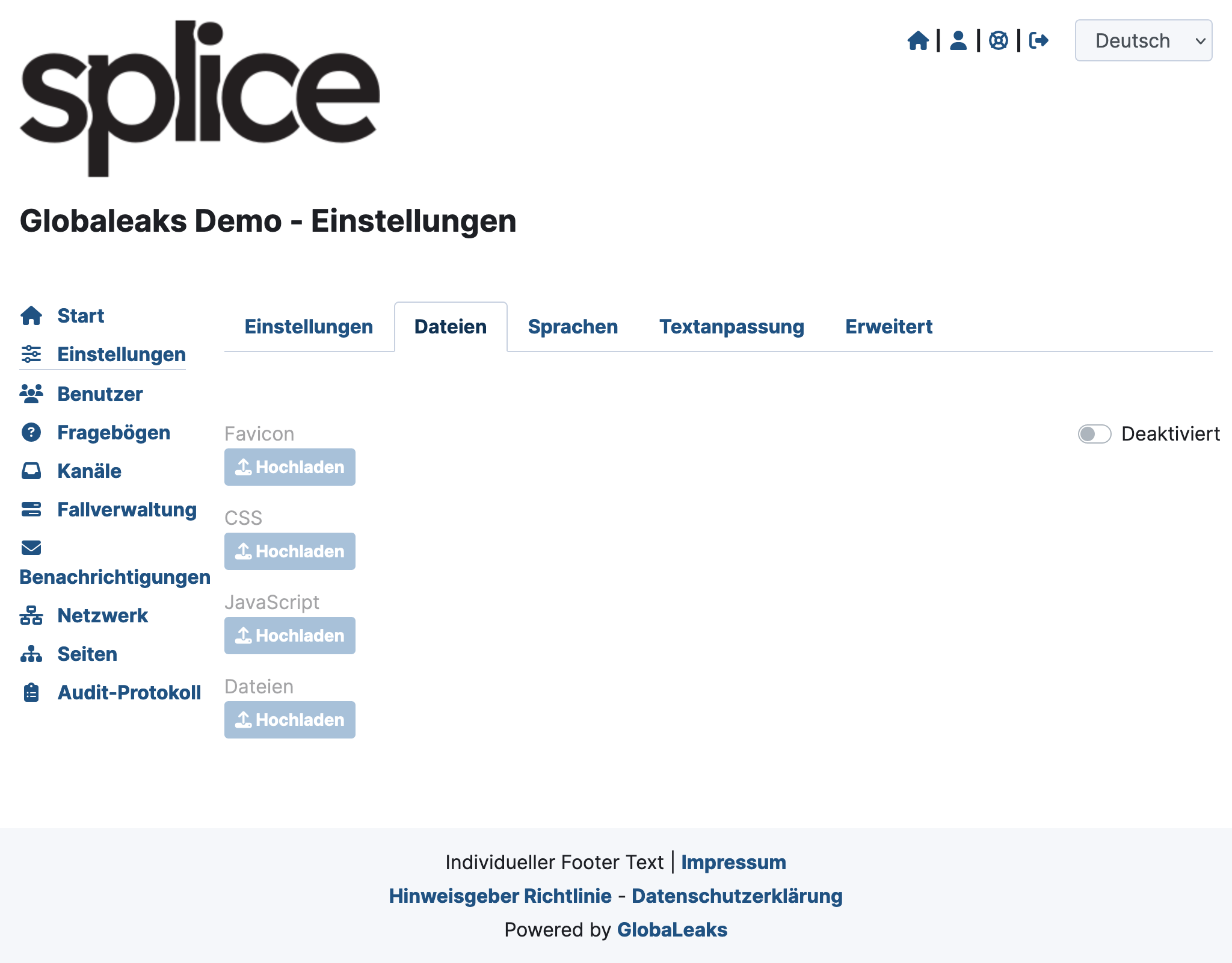 GlobaLeaks Dateien hochladen